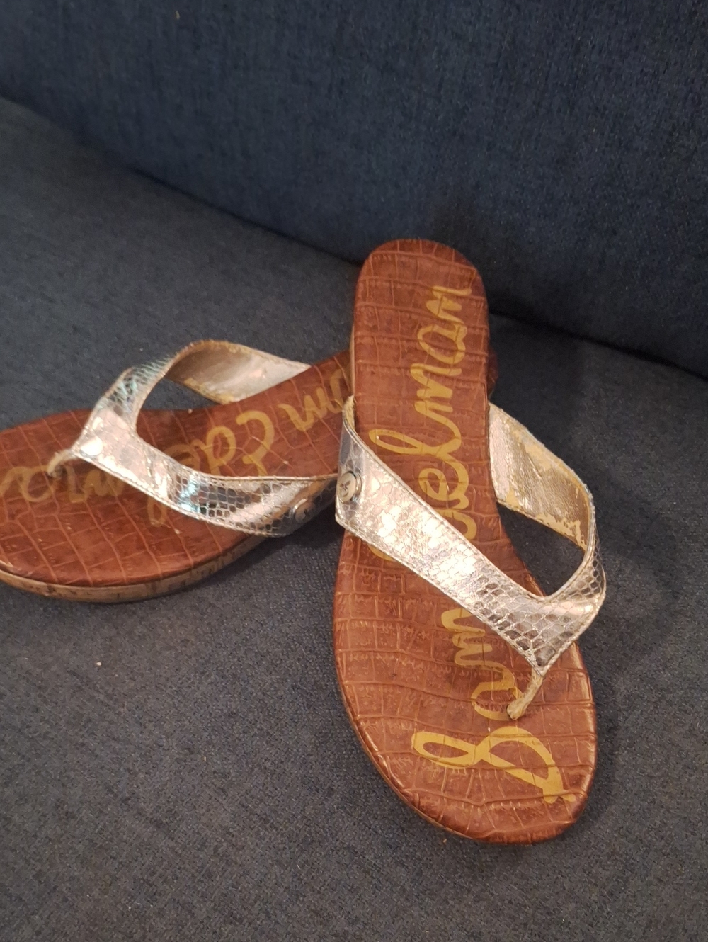Sam Edelman Metallic Silver Snakeskin-Effect Thong Sandals